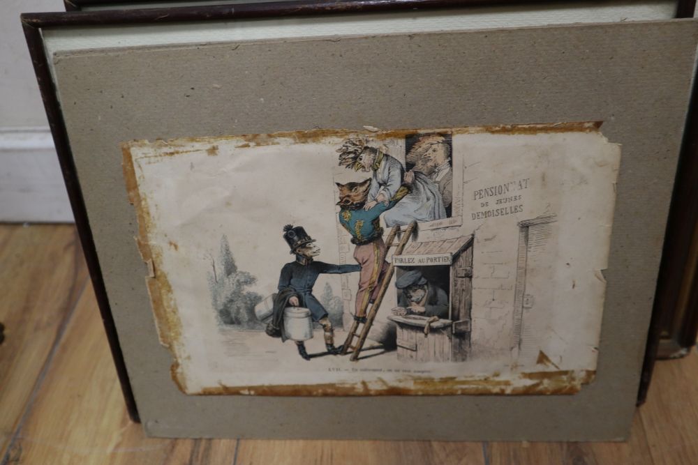 A collection of prints and engravings, including a caricature after George Moutard Woodward,